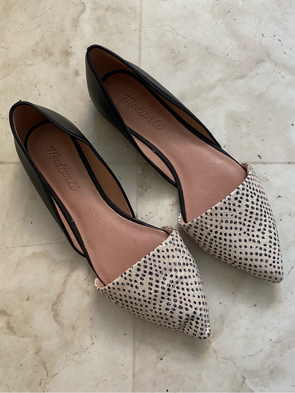 $128 Madewell Marisa Polka Dots Pointed Toe Black Leather d'Orsay Flats Size 7.5